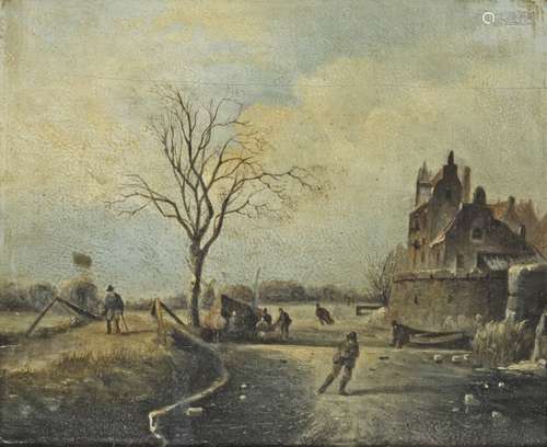 Dutch School, 20th C., Skaters on the ice by a fortified city.