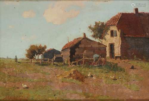 Jan Barten 19th/20th Century, A farmyard with chicken and a farmer at work.