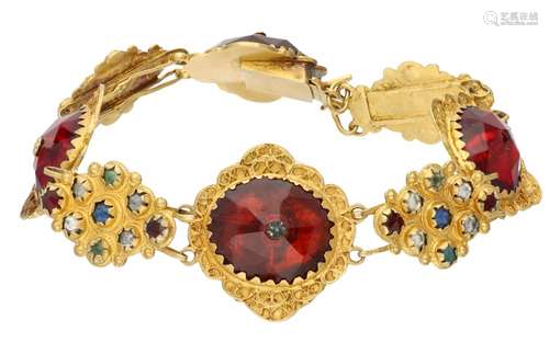 Yellow gold antique 'bootjes' bracelet with filigree decor, set with various colored stones - 14 ct.