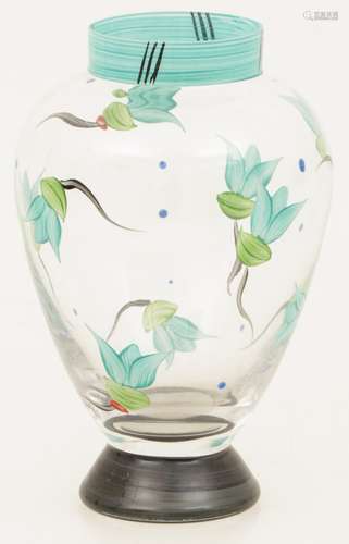 A glass vase painted with flowers, marked at the bottom Costa Boda.