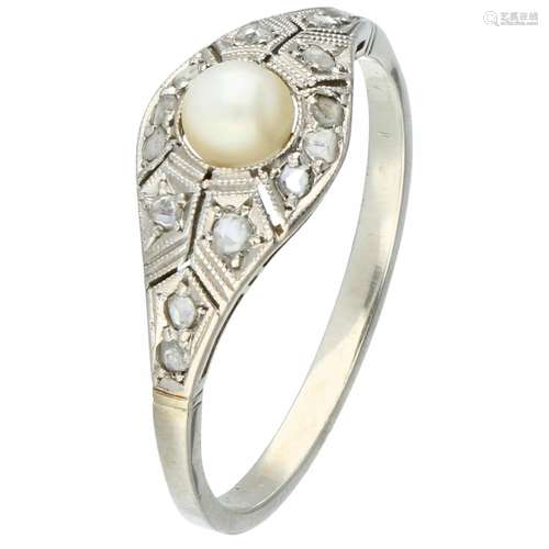 White gold Art Deco ring, with diamond and cultivated freshwater pearl - 18 ct.