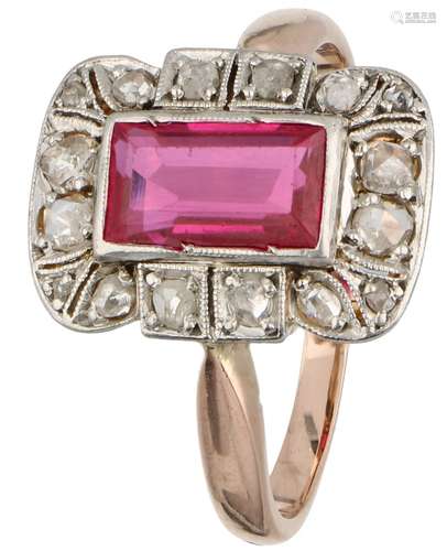 Rose gold Art Deco ring, with 16 rose cut diamonds and synthetic ruby - 18 ct.