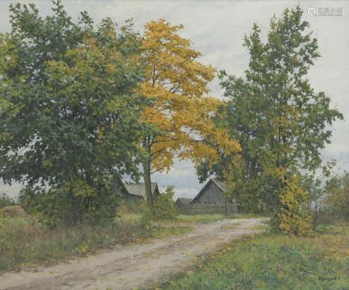 Russische School, 20e eeuw. Dacha on a sandy track in a landscape.