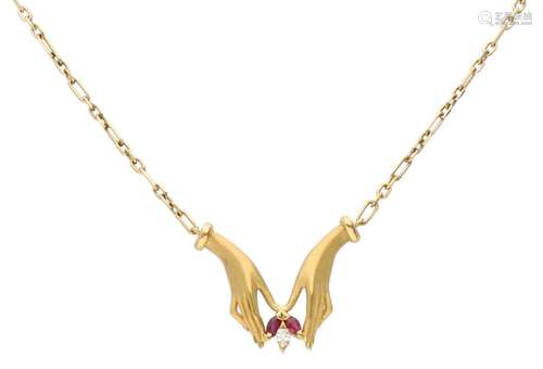 Yellow gold Carrera y Carrera Hands Holding necklace, with diamond and ruby - 18 ct.