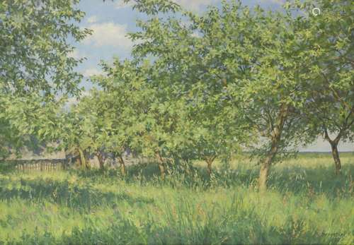 Igor BARKHATKOV (1958) - Russian School, 20th Century, 'Sunlit garden'- An orchard in Summer.