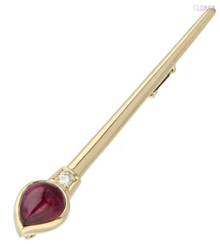 Yellow gold C'est Laudier brooch, with approx. 0.06 ct. diamond and pink tourmaline - 18 ct.