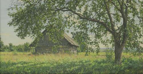 Igor BARKHATKOV (1958) - Russian School, 20th Century, 'Summer morning' -A barnyard in a landscape.