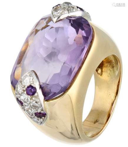 Yellow gold cocktail ring, with approx. 0.81 ct. diamond and natural amethyst - 18 ct.