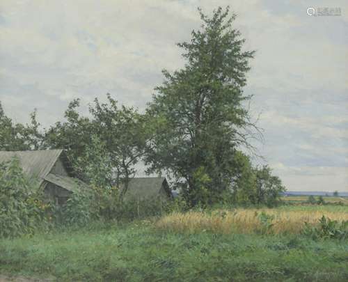 Igor BARKHATKOV (1958) - School, 20th Century, 'A clouded day' - Farmhouses in a landscape.