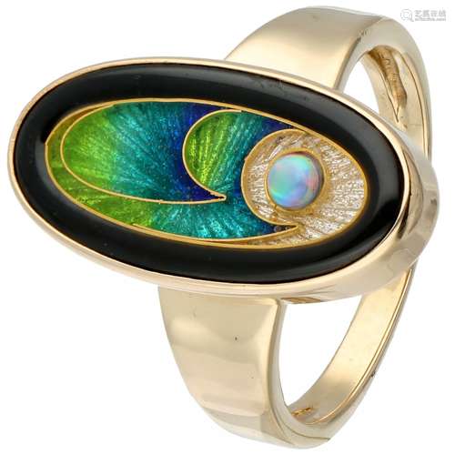 Yellow gold Magick Fusager Design ring with natural white opal and cloisonné enamel - 14 ct.