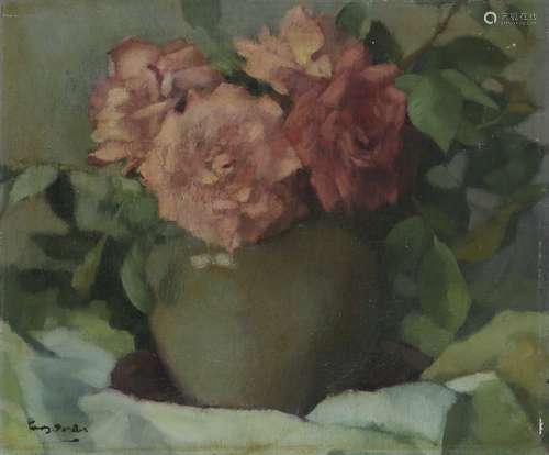 Frans Oerder (Rotterdam 1867 - 1944 Pretoria, South Africa), Still life with roses in a pot.