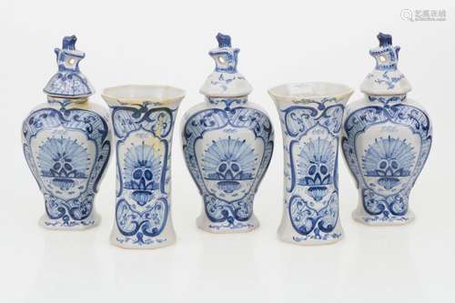 A Delft garniture set, De Porceleyne Klaauw, late 19th century. Damaged.