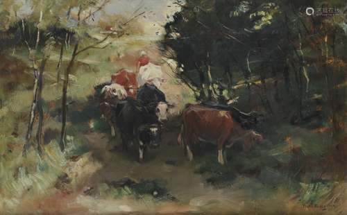 Han van Meegeren (Deventer 1889 - 1947 Amsterdam), A cowherdess with cattle in the dunes.