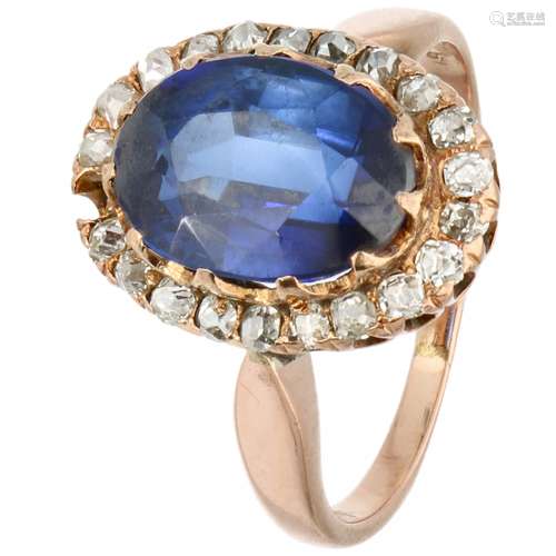 Rose gold rosette ring, with approx. 0.21 ct diamond and synthetic sapphire - 14 ct.