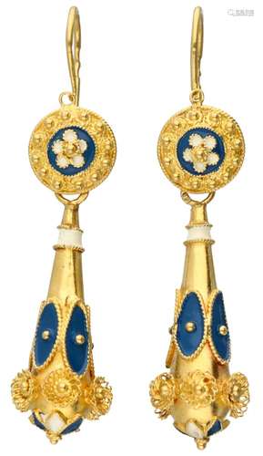 Yellow gold earrings, with white and blue enamel - 19.2 ct.