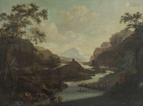 Dutch School, 18th Century, A ferry crossing a river in an Italianate landscape.