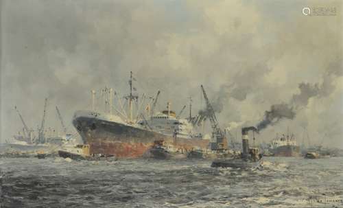 Signed M. de Jongere, 20th Century. Shipping in Rotterdam harbour.