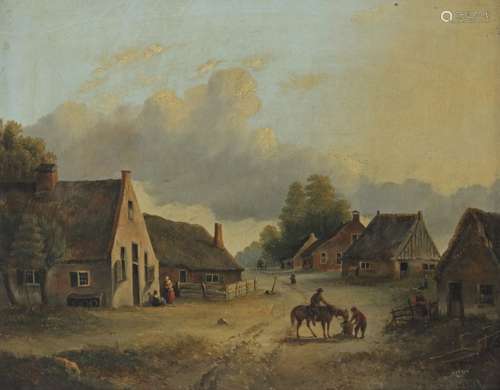 Dutch School, 19th Century, A hamlet with figures on a sandy track. .