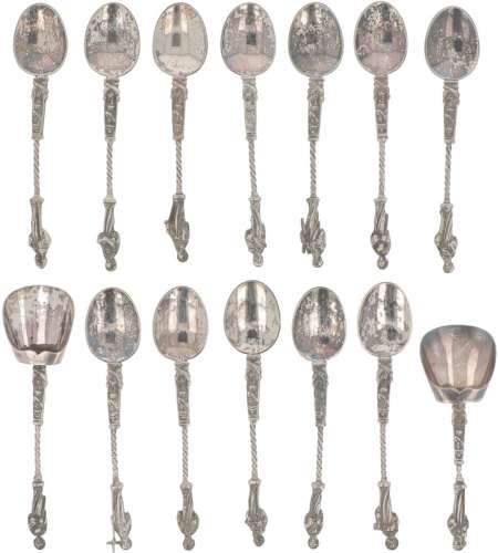 (14) Piece lot apostles teaspoons, sugar scoop and tea thumb silver.