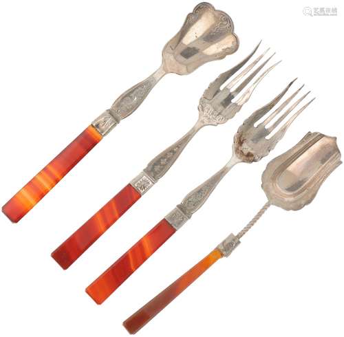 (4) Piece lot of scoops and forks with agate handles silver.