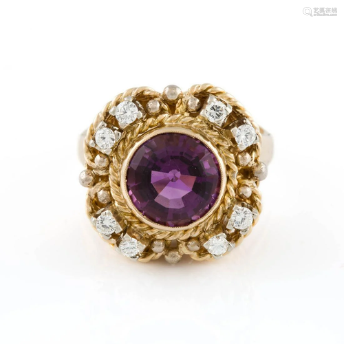 AMETHYST-RING MIT BRILLANTEN Gelbgold. Ringmaß ca.