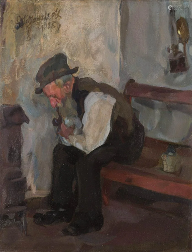 GERMAN about 1925 Bearded man in the barrak room Oil on