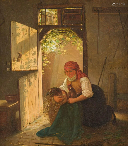 MONOGRAMIST 'JB' about 1858 Young girl in the chicken