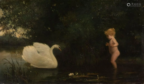 FRITZ MOCK 1867 - 1919 Girl and swan Oil on canvas.