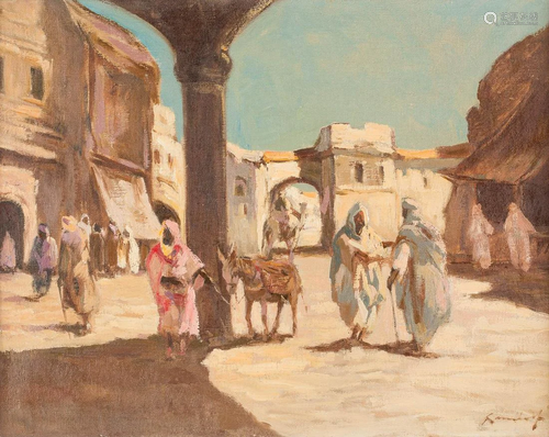 GERMAN Early 20th C. Oriental desert town Oil on