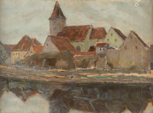 GERMAN Early 20th C. At the town wall Oil on canvas. 50