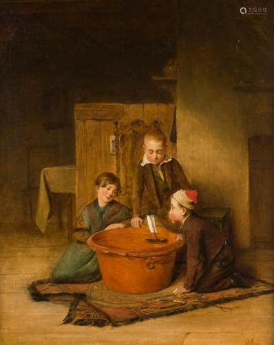 J. HARVEY 1st h. 19th C. Children playing Oil on wooden