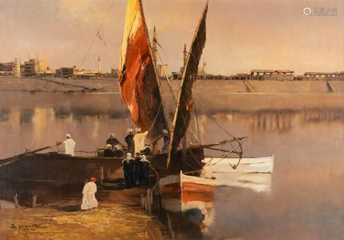 ARNO LEMKE 1916 - ? Harbour of Luxor Oil on canvas. 70