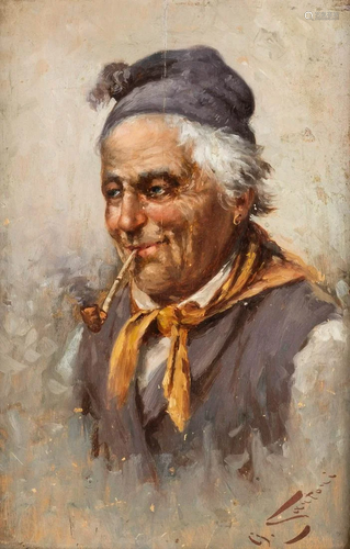 G. SANTONI about 1900 'Cheerfully' Oil on wooden panel.