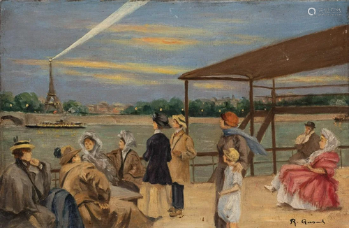 FRENCH Early 20th C. On the shore of river Seine Oil on