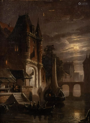 DUTCH Mid-19th C. Town in moonlight Oil on wooden