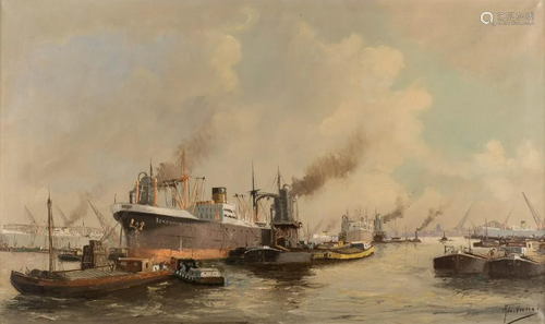 GERMAN / DUTCH Mid 20th C. In the harbour Oil on