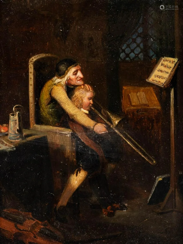 GERMAN Mid- 19th C. The trombone lesson Oil on panel