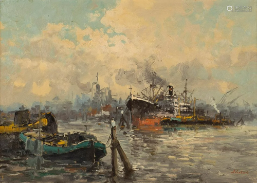 GERMAN / DUTCH Mid- 20th C. Steamer in the harbour Oil