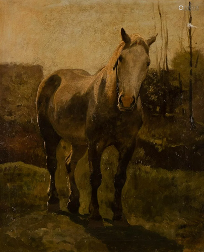 GERMAN 2nd h. 19th C. White horse on pasture Oil on