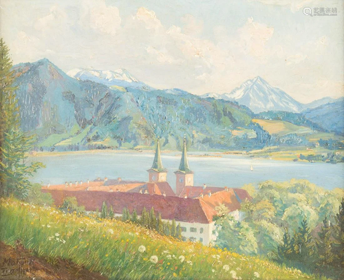 GERMAN Early 20th C. View on Tegernsee monastery Oil on