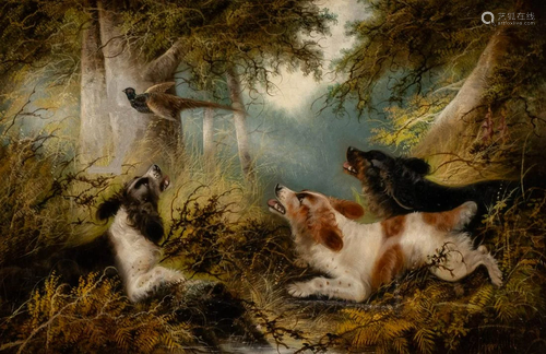 BRITISH about 1900 Welsh Corgis hunting pheasants Oil