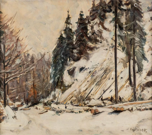 HANS GLEISSNER 1880 - 1935 Woodcutters in winter forest