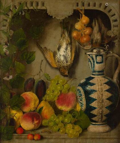 DUTCH (?) Mid- 19th C. Kitchen still life with fruits,