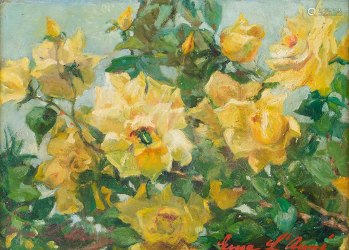 FRENCH Early 20th C. Yellow roses Oil on cardboard.