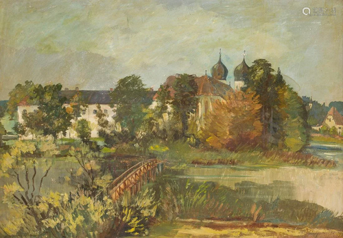 GERMAN about 1947 Seeon Abbey Oil on cardboard. 48 x 68