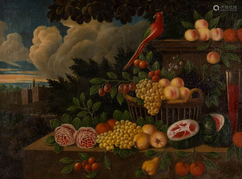 SPANISH (?) 2nd h. 19th C. Still life with parrot Oil