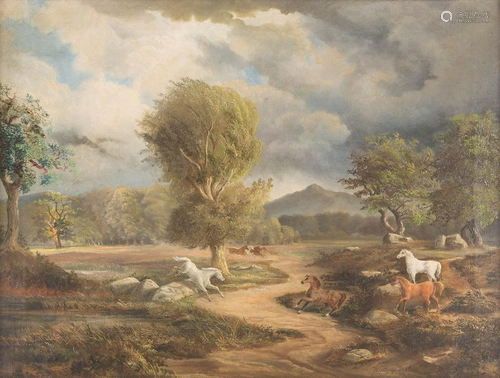 GERMAN about 1869 Wild horses in looming thunderstorm