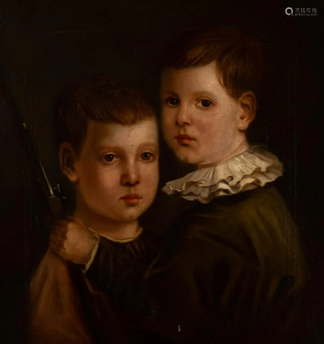 GERMAN 1st h. 19th C. Portrait of two boys with toy gun