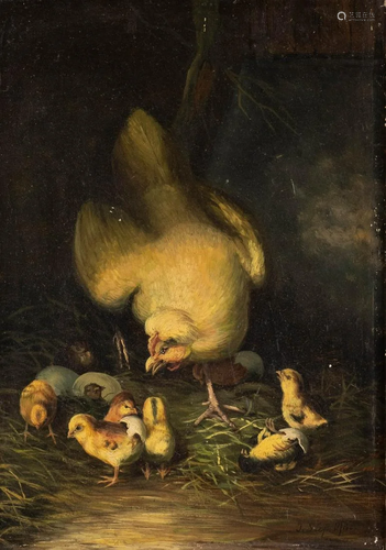 J. SÜß Act. about 1900 Hen and chicks Oil on