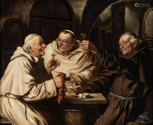 SIG. NADEL Act. early 20th C. Three monks dining Oil on